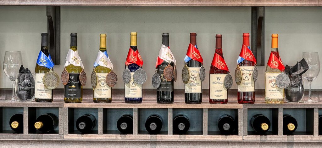 Medal winning wine bottles at Wind Vineyards